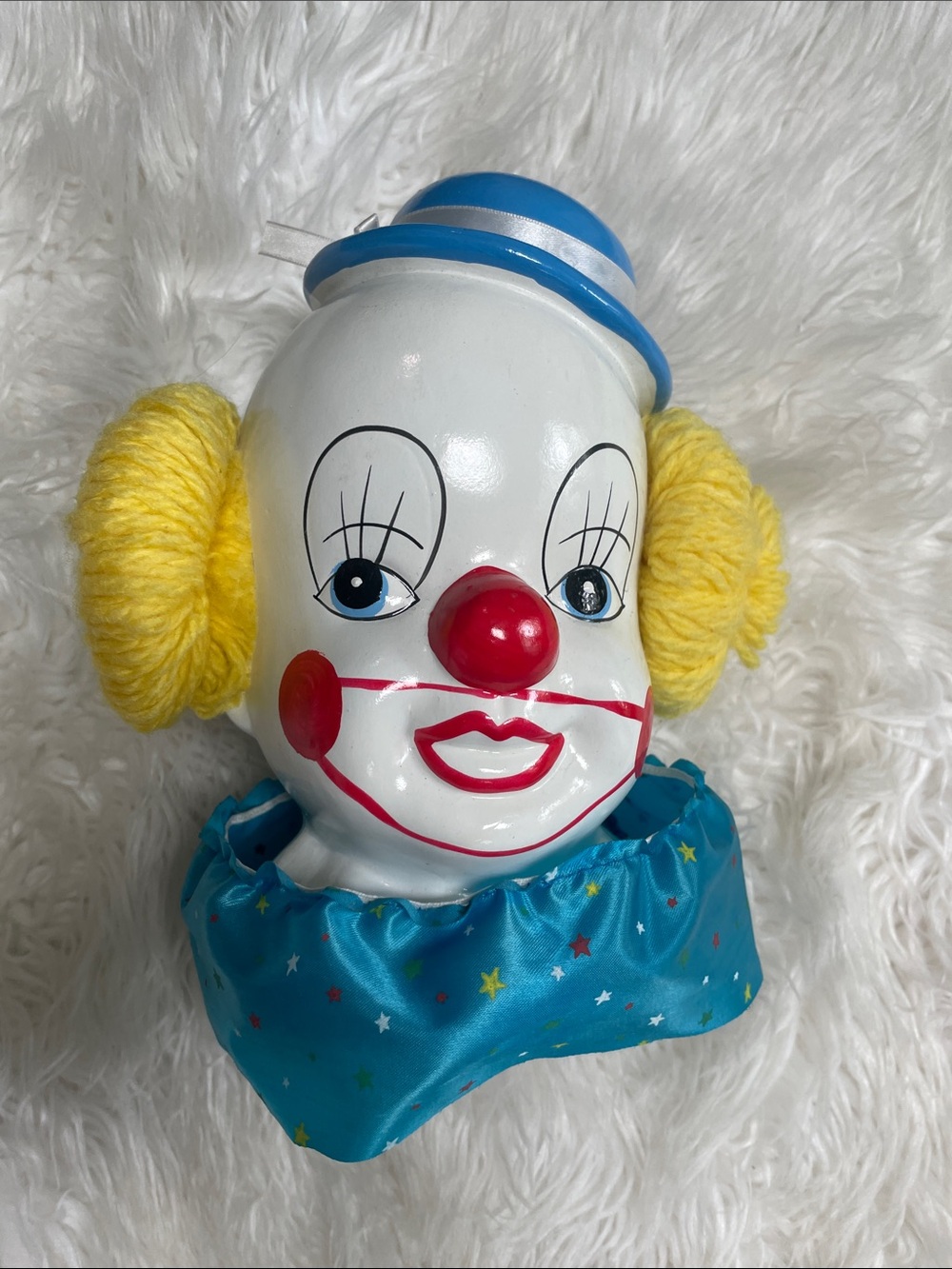 Vintage Bright Yellow & Blue Clown Head Ceramic  bank Décor